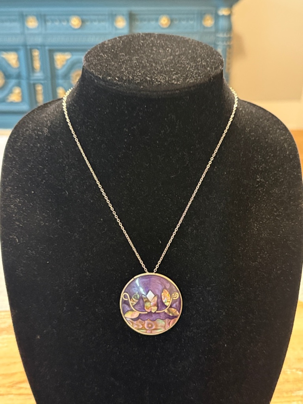 Vintage Alpaca Mexico Silver Purple Abalone Shell Pendant Statement Necklace
